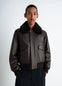Lemaire Leather Blouson in Brown Cow Leather, model shot, Front View Cropped with Sheepskin Collar
