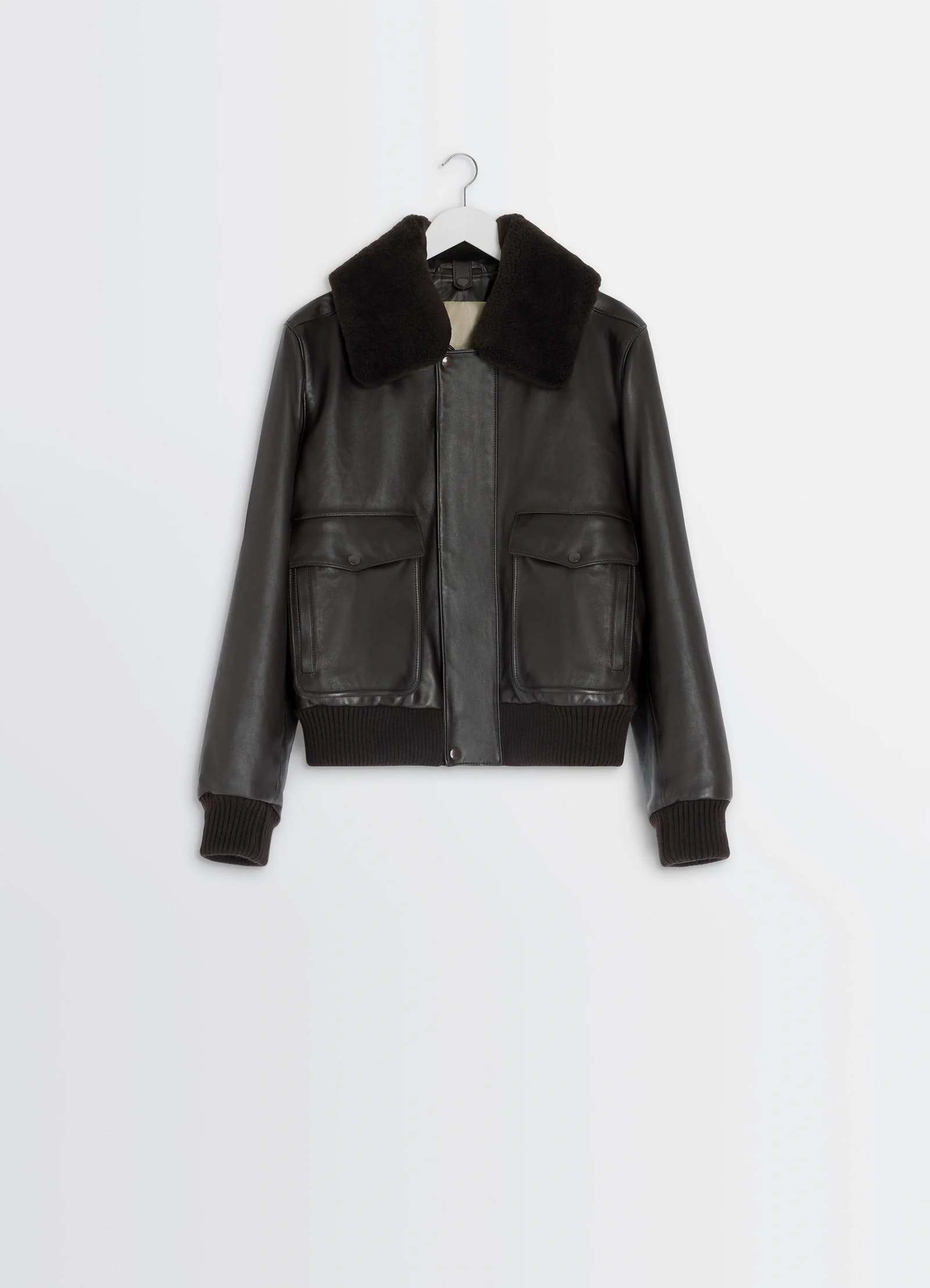 Lemaire leather blouson in brown cow leather, product shot, hanger display view sheepskin collar unfolded