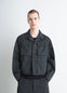 Short Utility Jacket in Dark Cotton Twill, model shot, Front view Gusseted pockets
