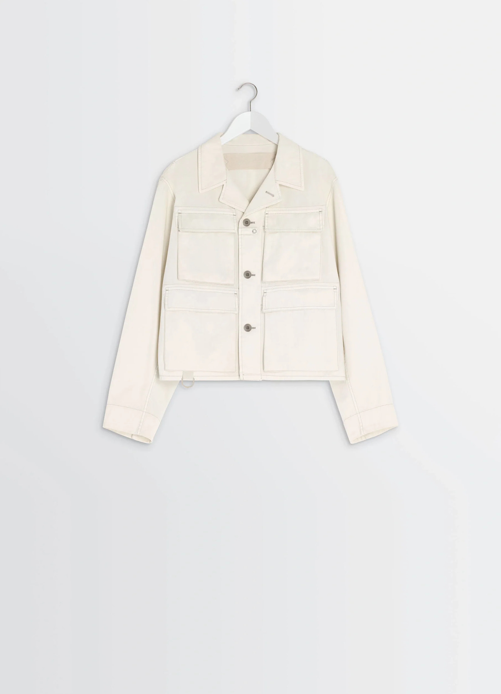 Short utility jacket in compact cotton twill, product shot, hanger display view button closure, epaulettes