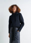 Felted Blouson in Navy Wool Blend, model shot, Front side view Architectural silhouette