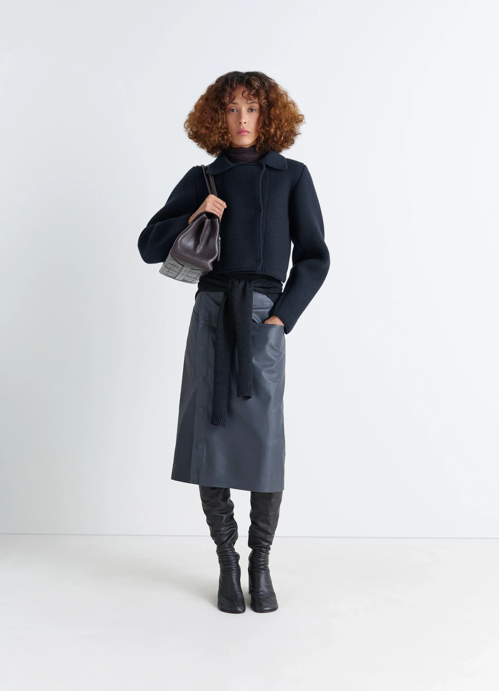Felted blouson in navy wool blend, model shot, front full-body collar detail