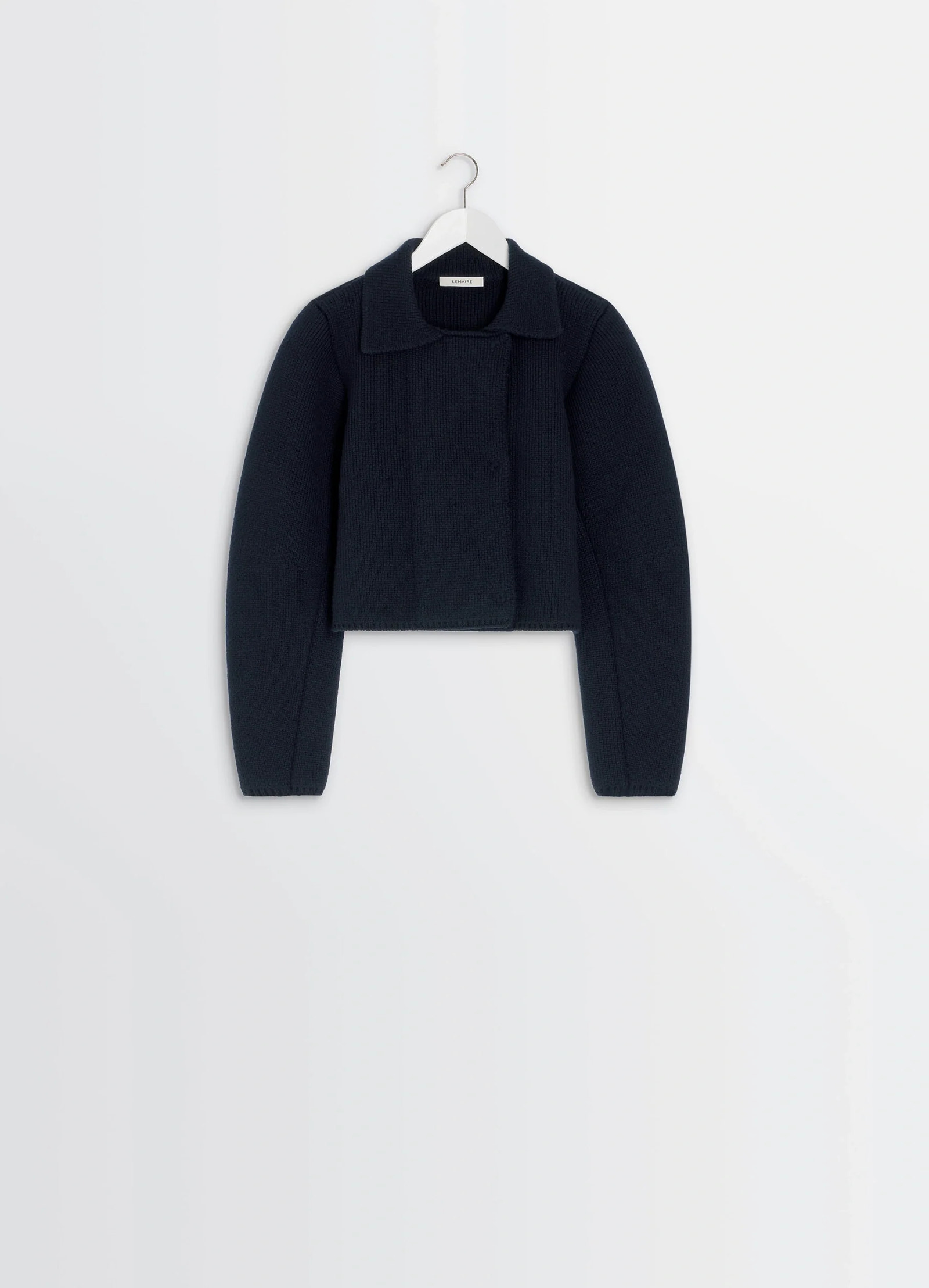 Felted blouson in navy wool blend, product shot, hanging shot classic knit texture