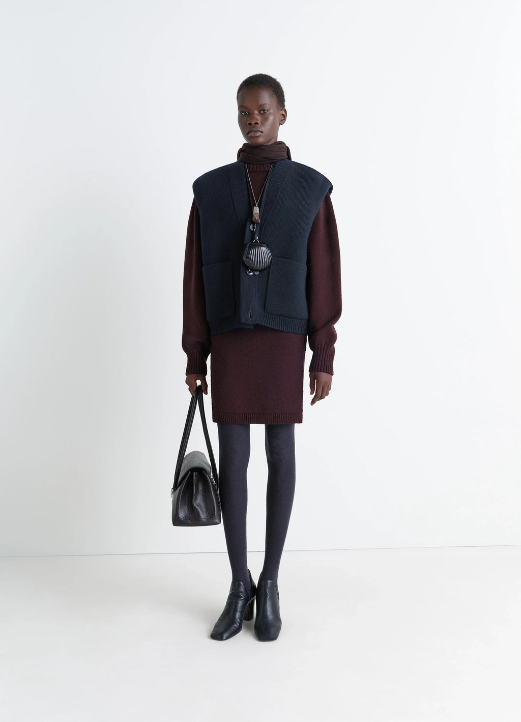 Maxi Sleeveless Cardigan in Wool Blend Double-Faced Knit, model shot, Front view Oversized architectural silhouette