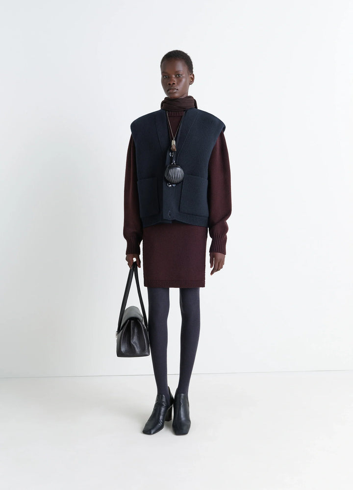 Maxi Sleeveless Cardigan in Wool Blend Double-Faced Knit, model shot, Front view Oversized architectural silhouette