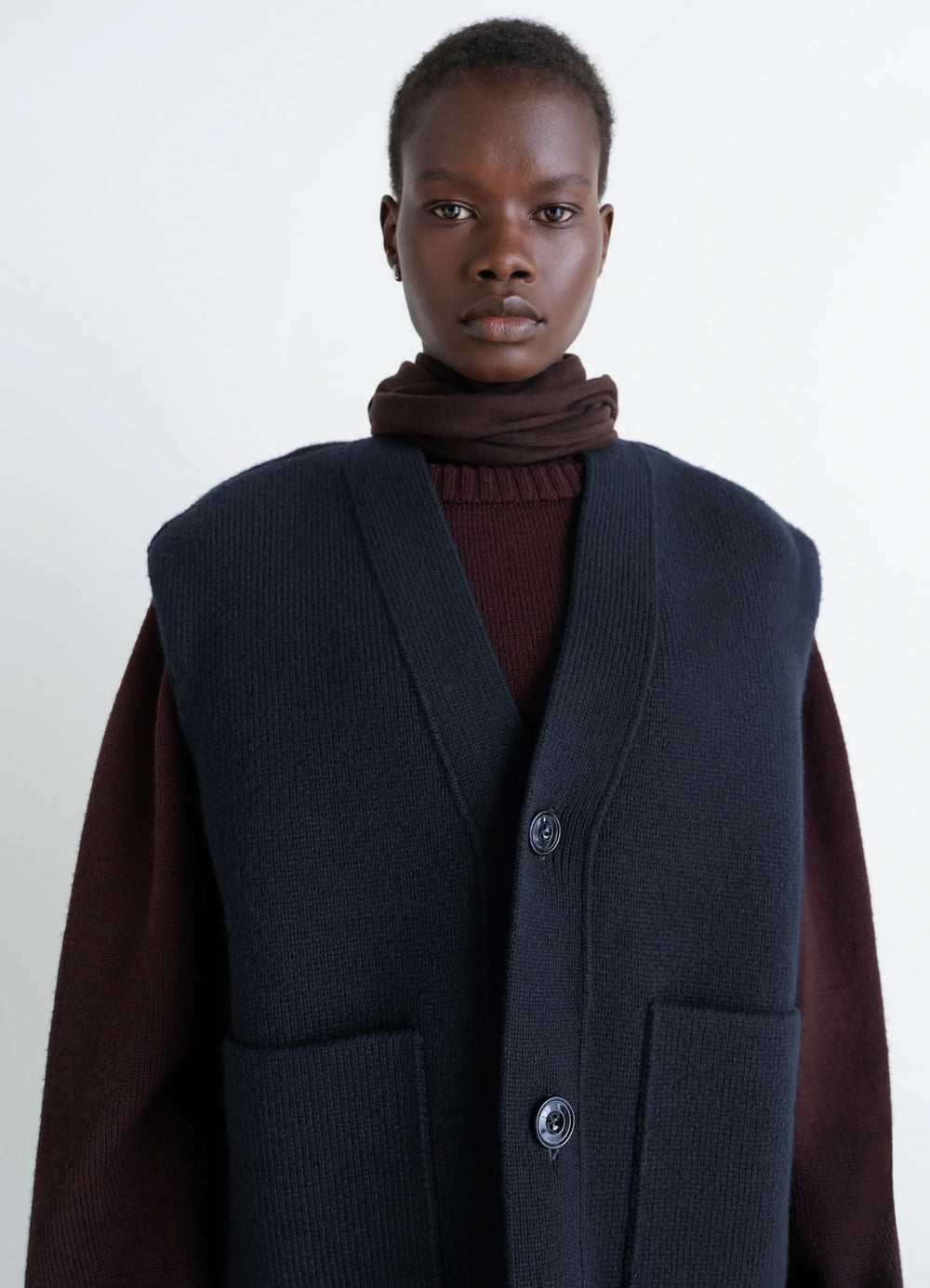 Maxi Sleeveless Cardigan in Wool Blend Double-Faced Knit, model shot, close-up view v-neck, front pockets