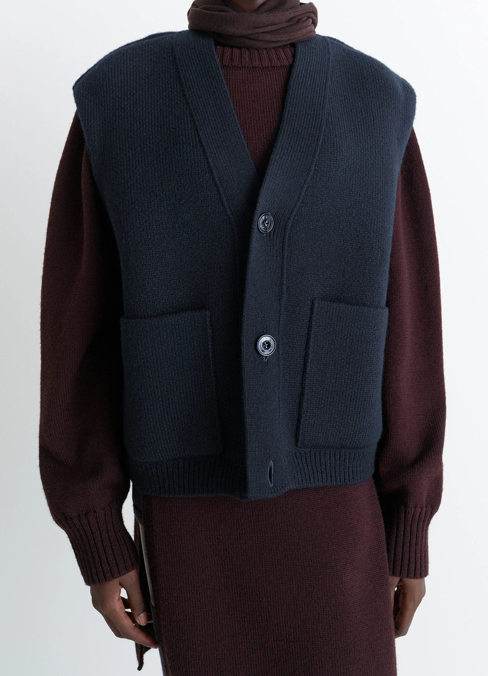 Maxi Sleeveless Cardigan in Wool Blend Double-Faced Knit, model shot, side view buttoned front, layered look