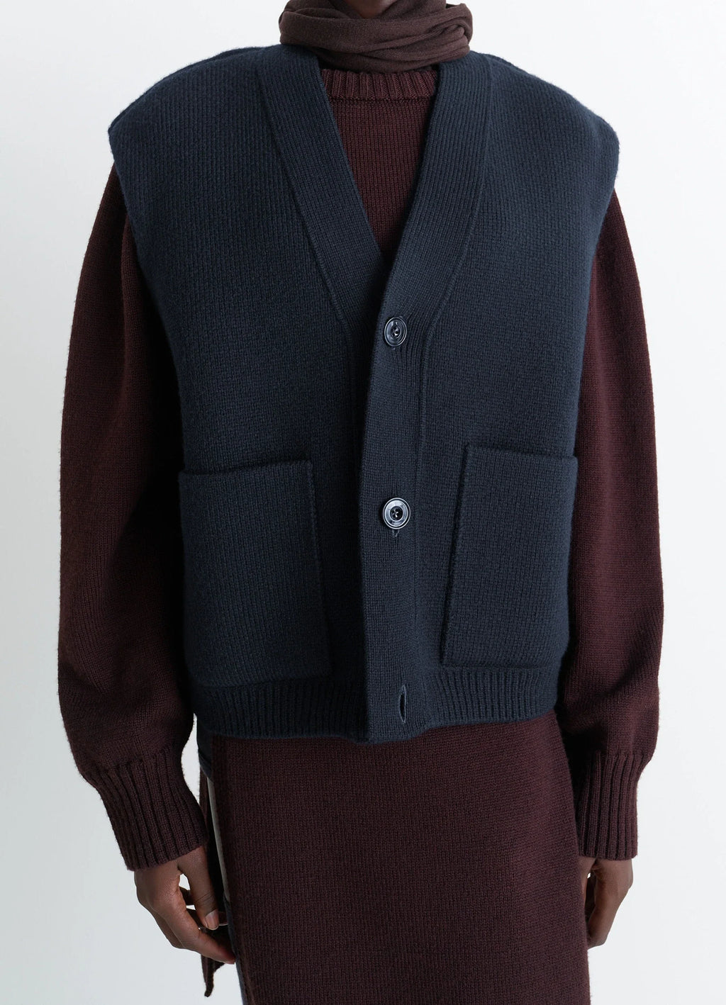 Maxi Sleeveless Cardigan in Wool Blend Double-Faced Knit, model shot, side view buttoned front, layered look