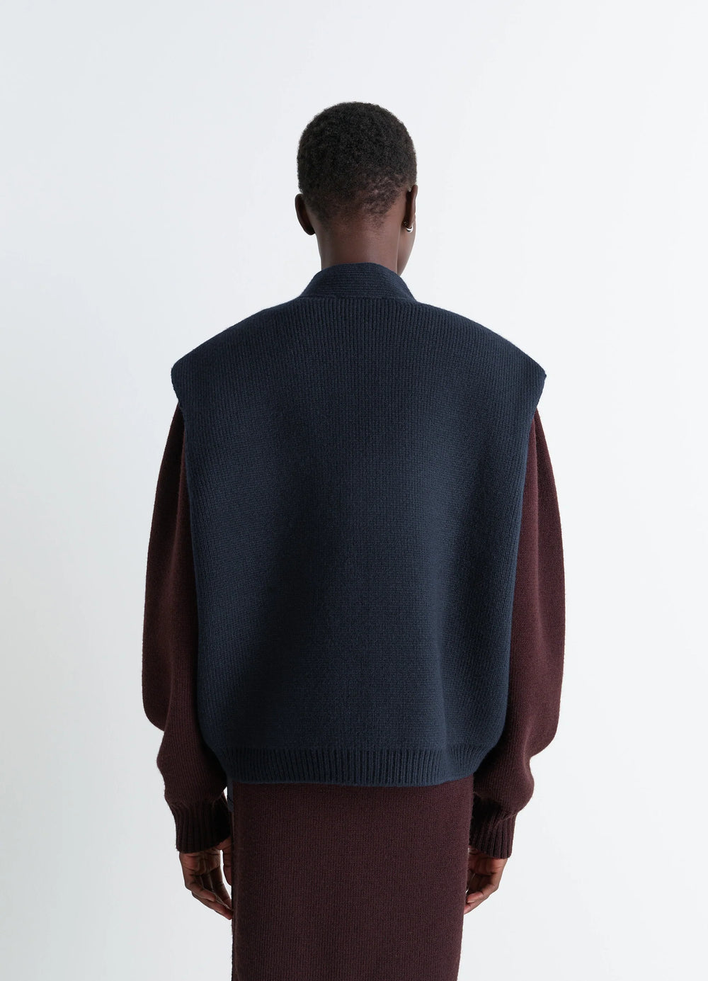 Maxi Sleeveless Cardigan in Wool Blend Double-Faced Knit, model shot, back view ribbed hem detail