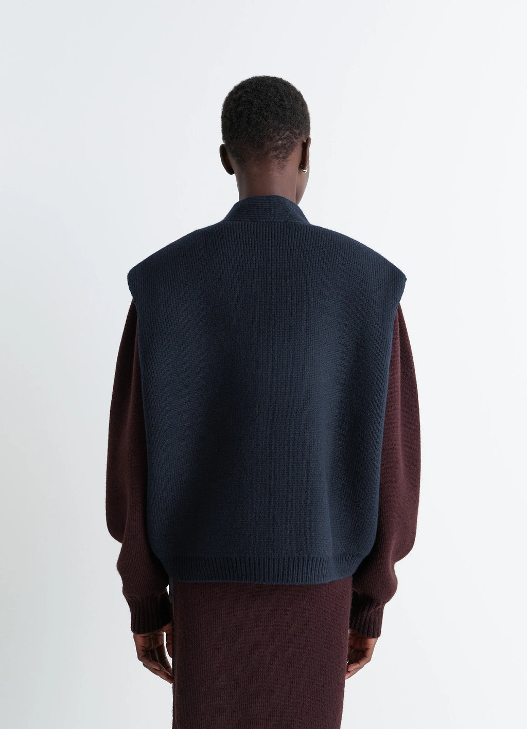 Maxi Sleeveless Cardigan in Wool Blend Double-Faced Knit, model shot, back view ribbed hem detail