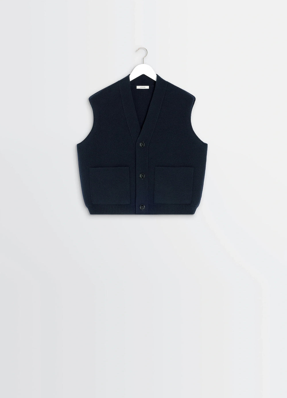 Maxi Sleeveless Cardigan in Wool Blend Double-Faced Knit, product shot, top-hung view sleeveless open armholes