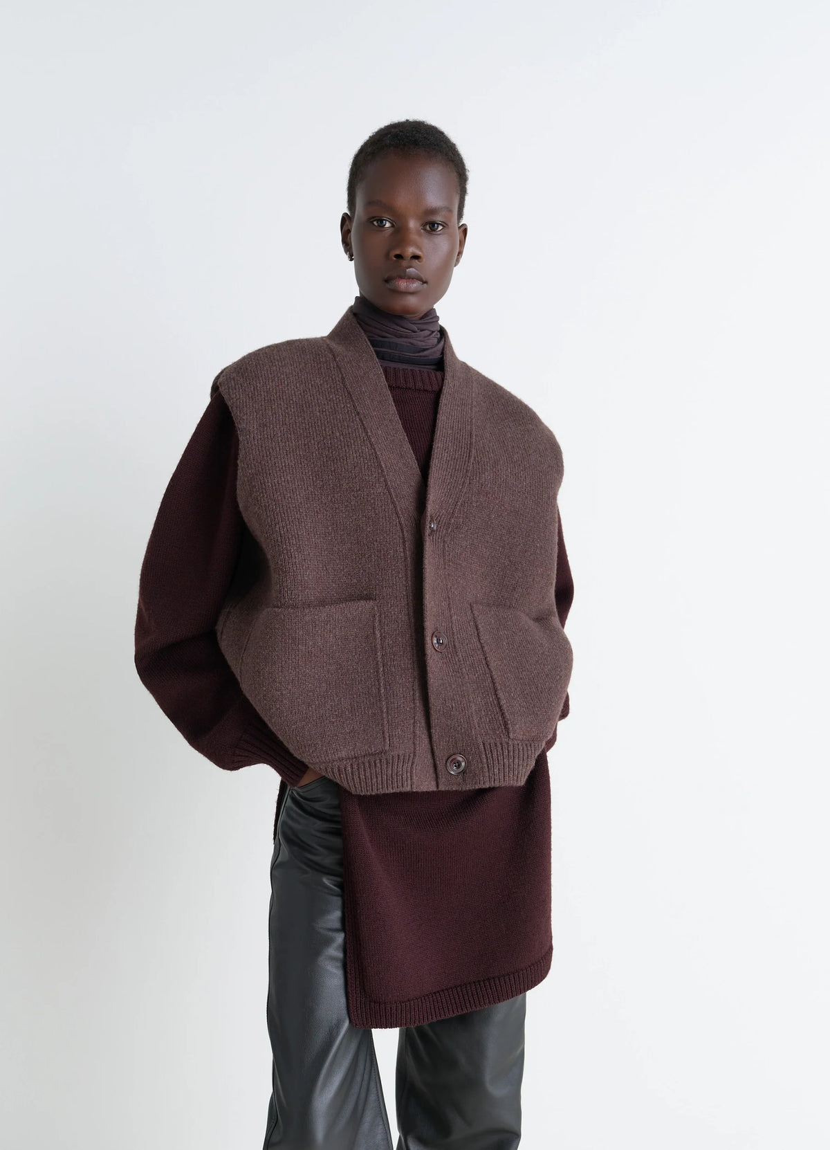 Maxi Sleeveless Cardigan in Wool Blend Double-Faced Knit, model shot, Front View Oversized Architectural Silhouette