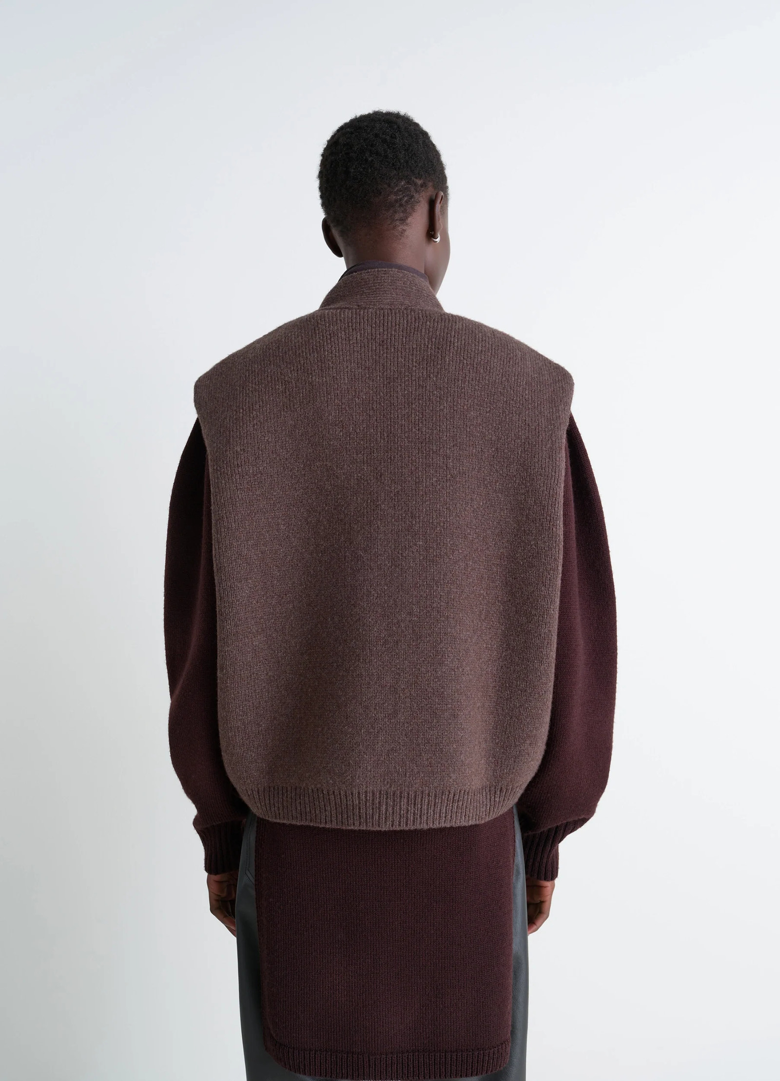 Maxi sleeveless cardigan in wool blend double-faced knit, model shot, back view straight long back panel