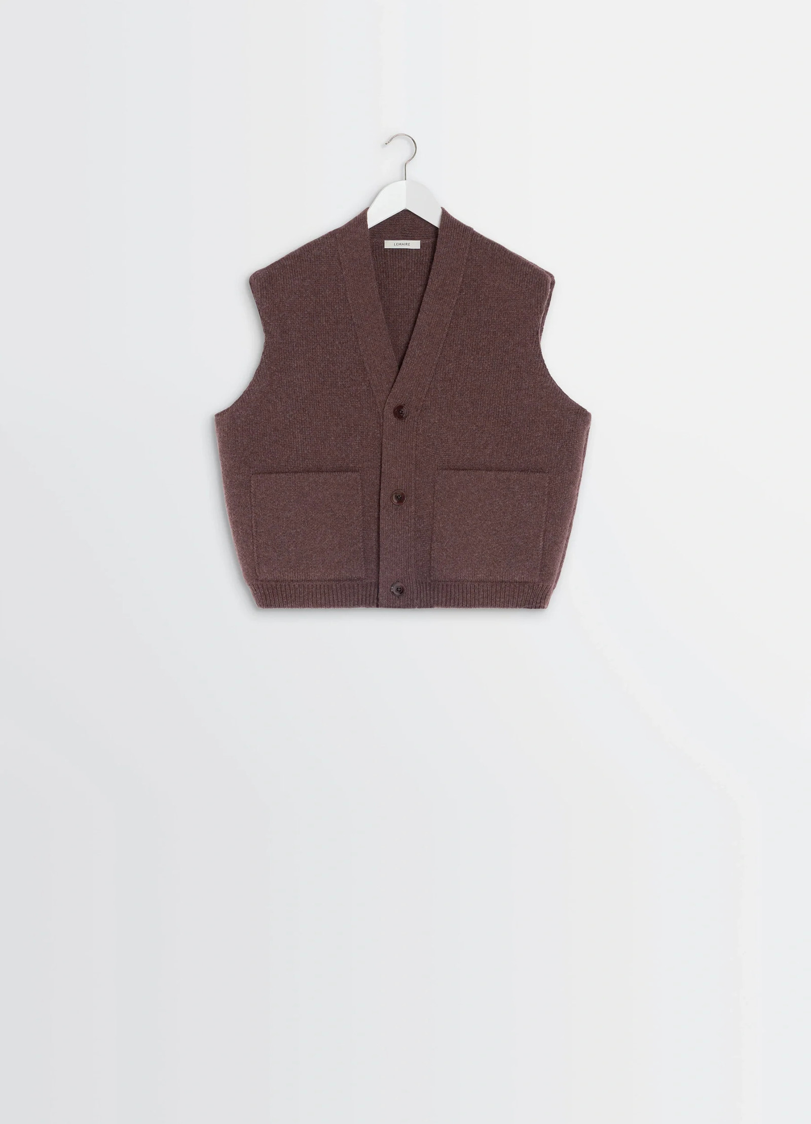 Maxi sleeveless cardigan in wool blend double-faced knit, product shot, hanger view boxy cut with dual pockets