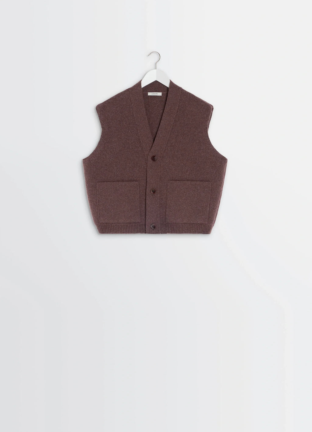 Maxi Sleeveless Cardigan in Wool Blend Double-Faced Knit, product shot, hanger view boxy cut with dual pockets