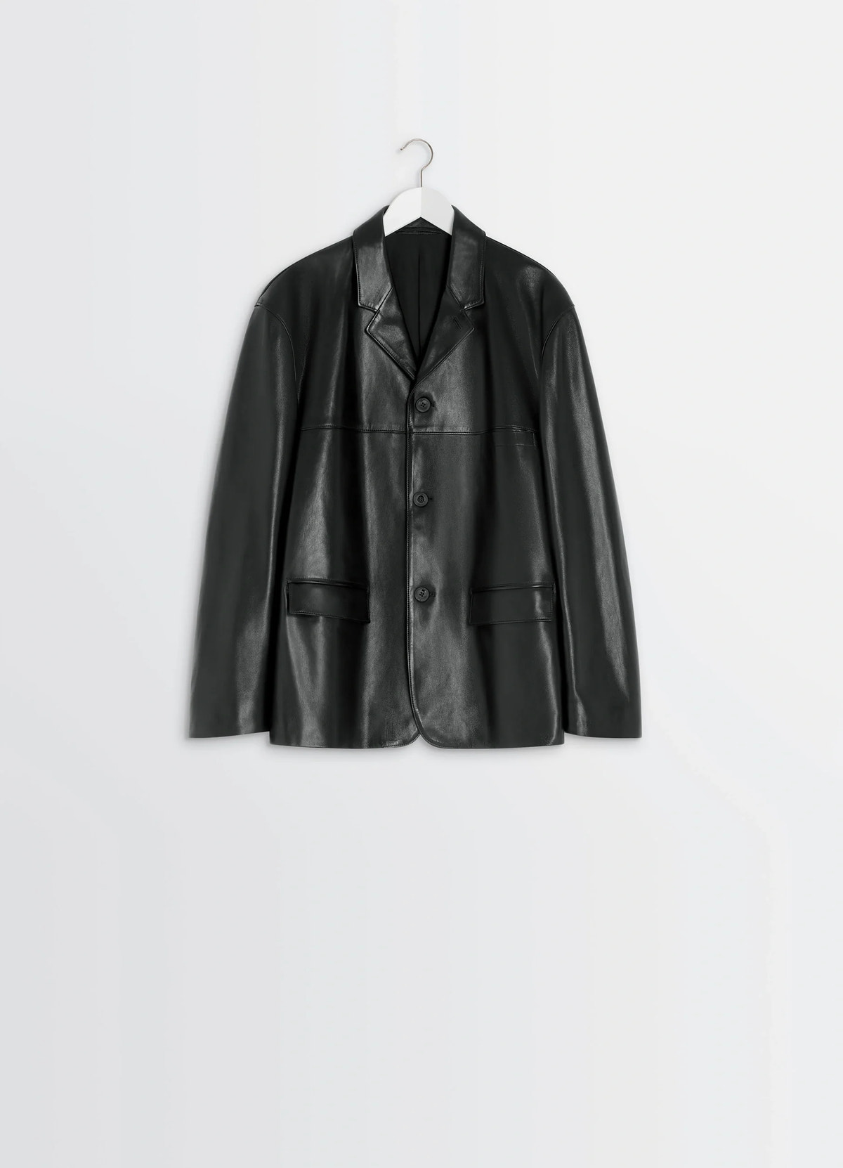 Leather single breasted jacket in nappa lamb leather, product shot, hanger view three button closure