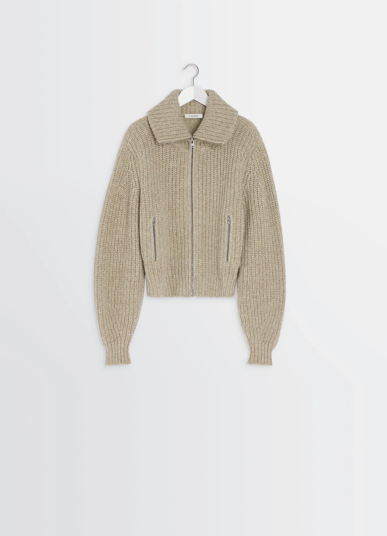 Zip-up cardigan with stand-up colla in alpaca and yak wool knit, product shot, hanger front view cropped length, ribbed cuffs
