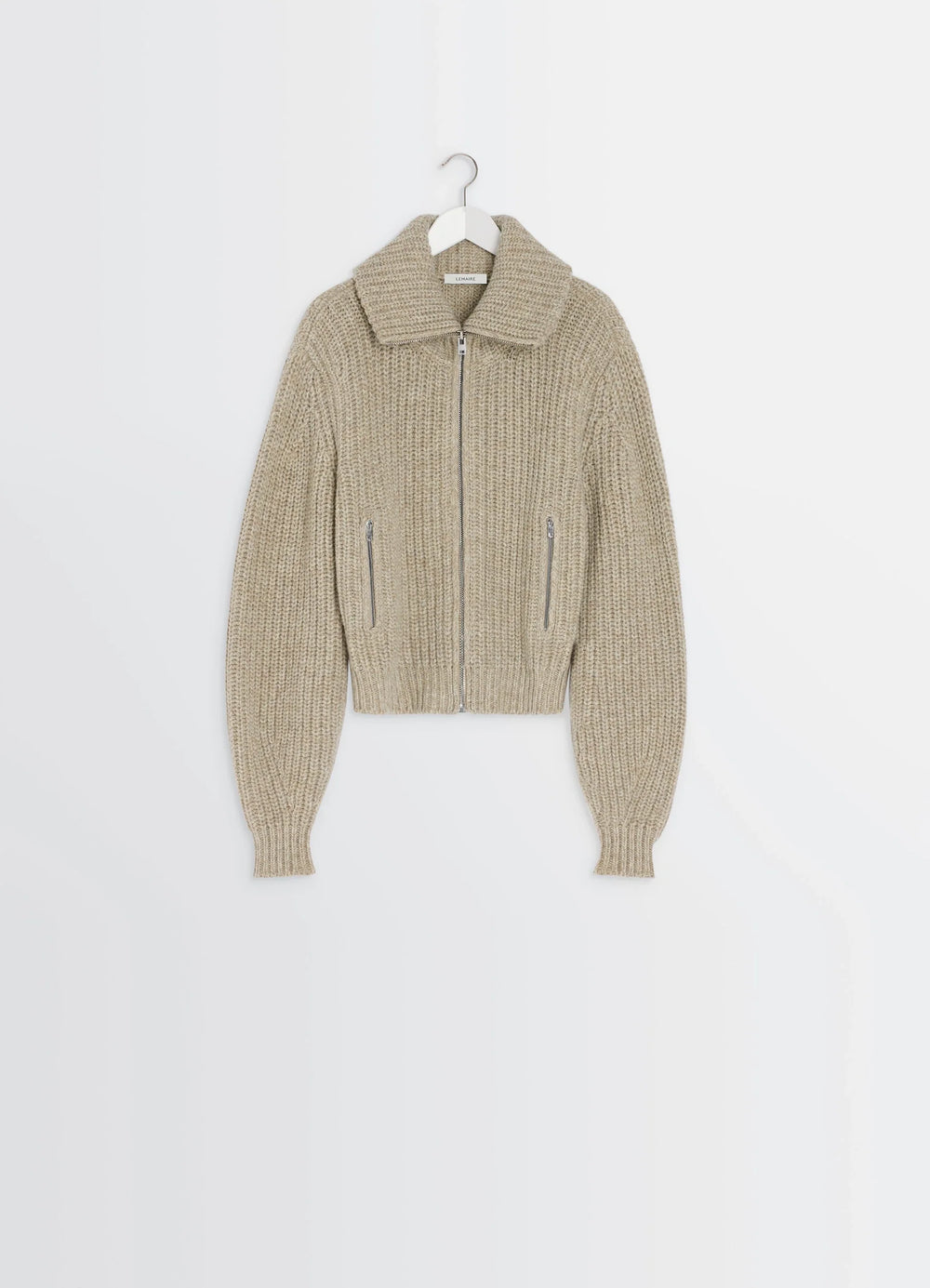 zip-up cardigan with stand-up colla in alpaca and yak wool knit, product shot, hanger front view cropped length, ribbed cuffs