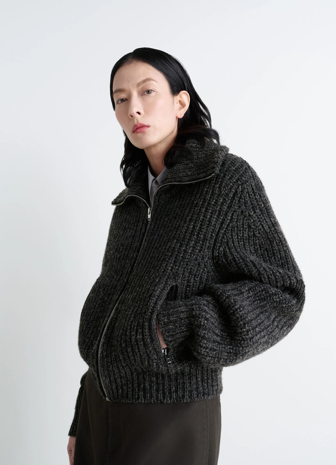 ZIPPED CARDIGAN IN YAK ALPACA - Black / Mink Brown - Yak Alpaca ZIPPED CARDIGAN IN YAK ALPACA - Black / Mink Brown - Yak Alpaca