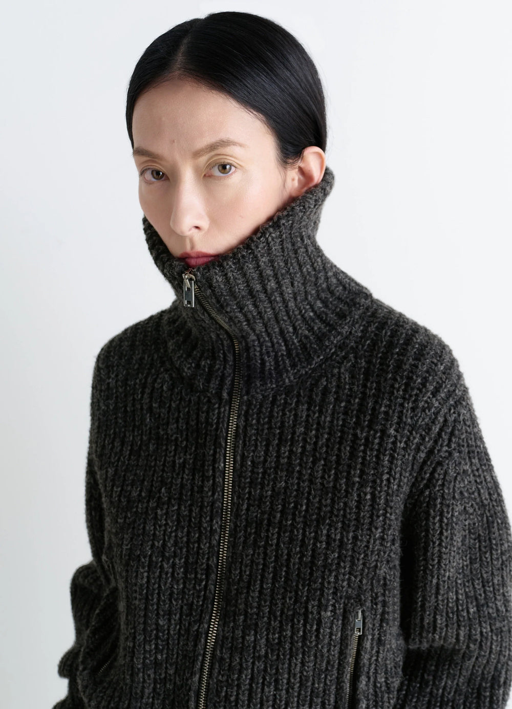 Crafted Densely Ribbed Knit in Alpaca and Yak Wool, model shot, close-up view textured ribbed fabric