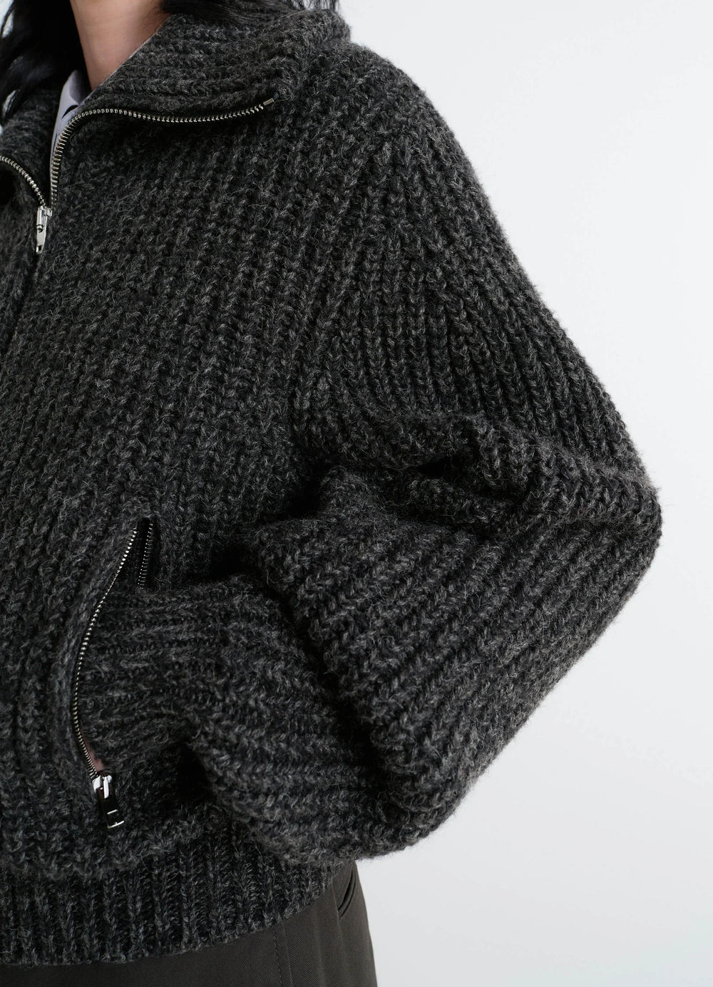 Crafted Densely Ribbed Knit in Alpaca and Yak Wool, model shot, upper body close-up oversized sleeve cuffs