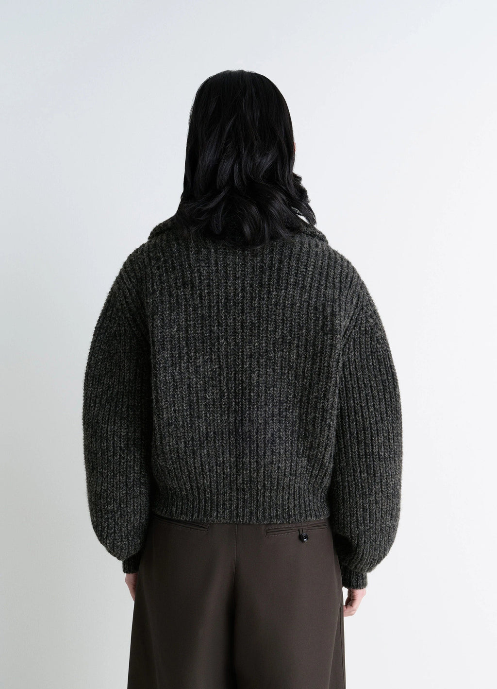 Crafted Densely Ribbed Knit in Alpaca and Yak Wool, model shot, back view cropped length
