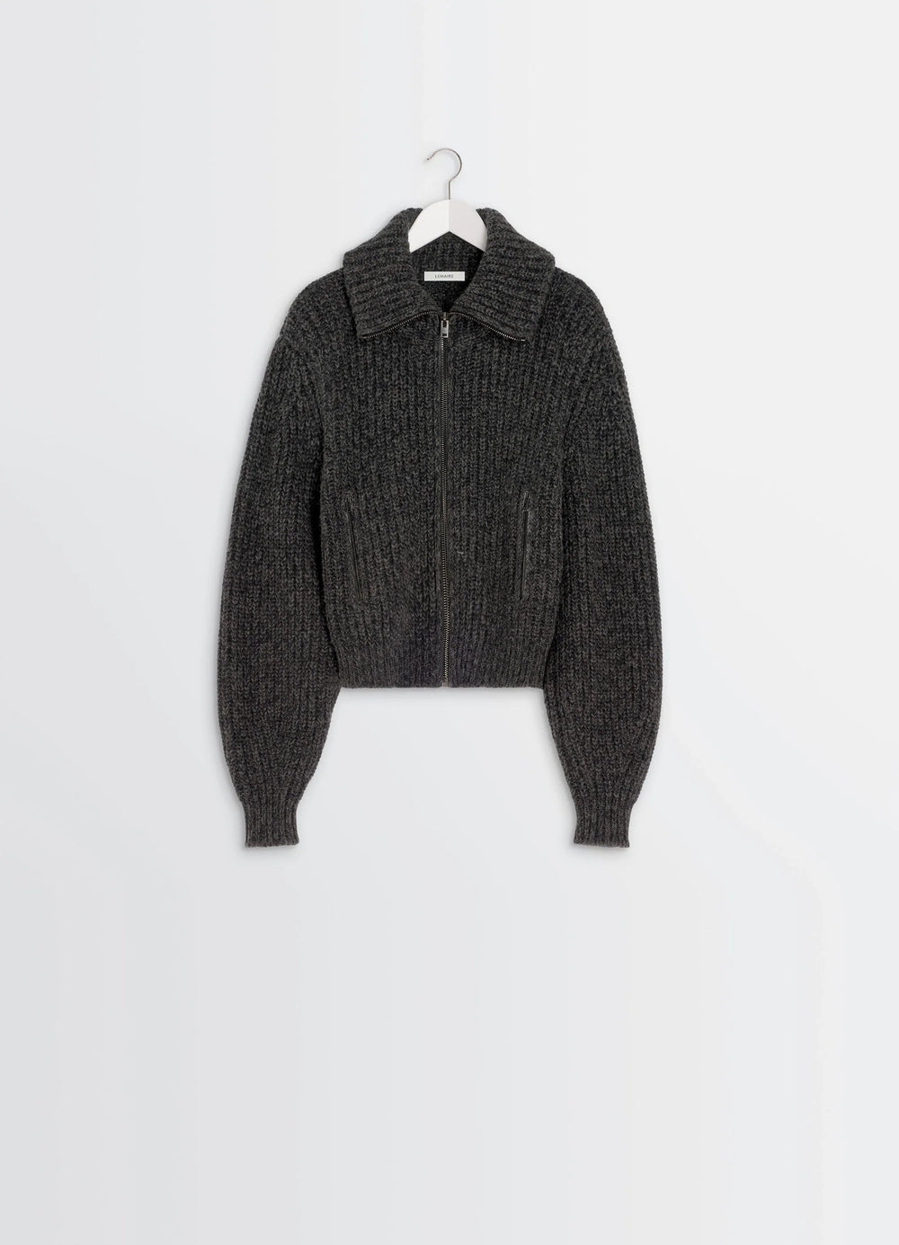 Crafted Densely Ribbed Knit in Alpaca and Yak Wool, product shot, hanger display view cropped length, zip-up