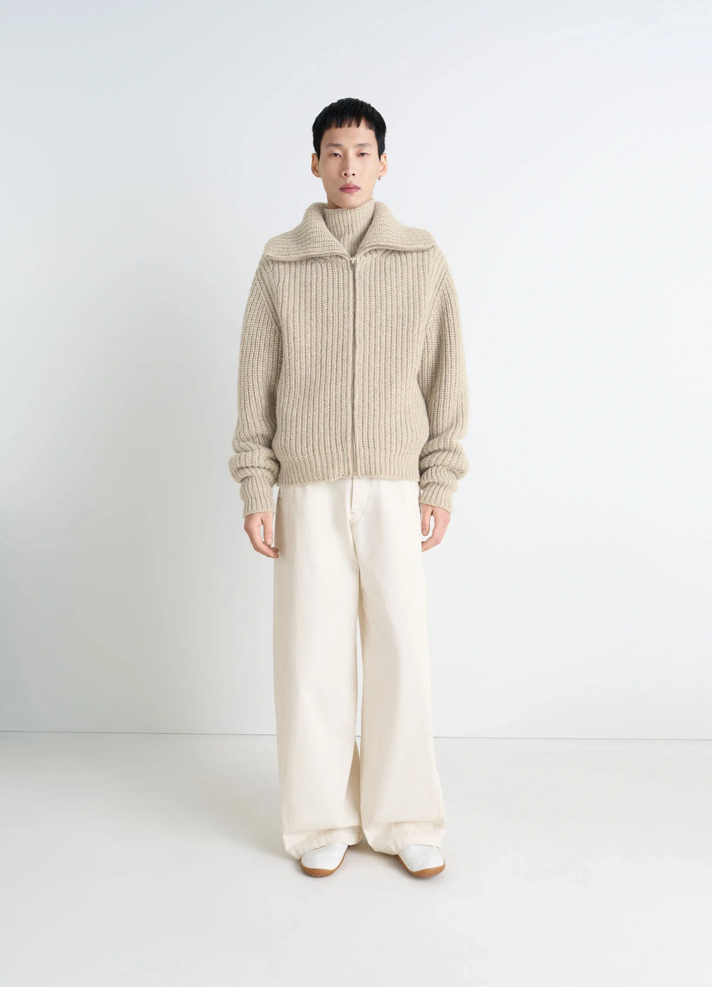 Zipped Cardigan in Alpaca and Yak Wool, model shot, full body view textured ribbed knit