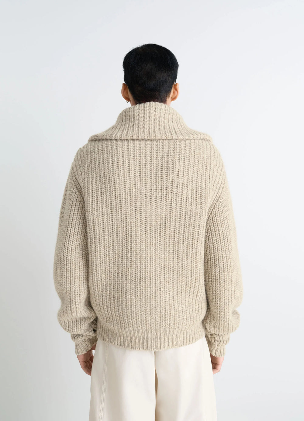 Zipped Cardigan in Alpaca and Yak Wool, model shot, back view thick ribbed knit