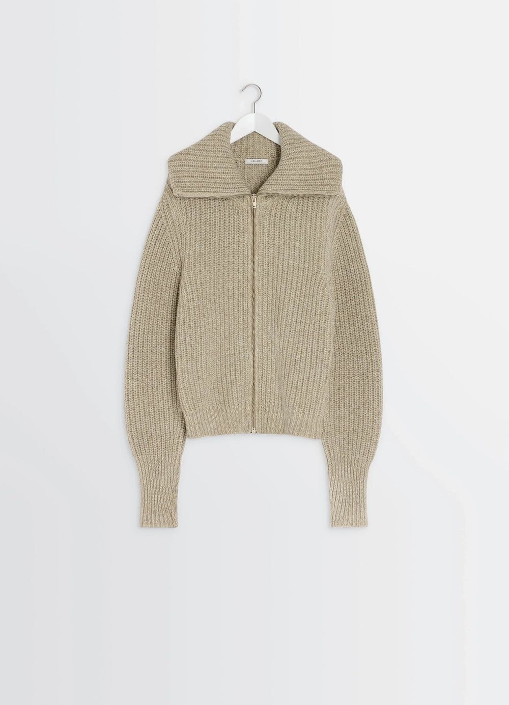 Zipped Cardigan in Alpaca and Yak Wool, product shot, hanging front detail folded collar, long cuffs