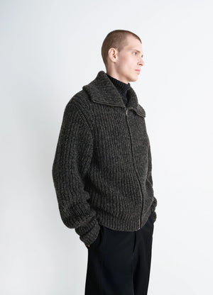 Crafted Zip-Up Cardigan in Heather Alpaca Yak Wool, model shot, Side view Textured ribbed knit