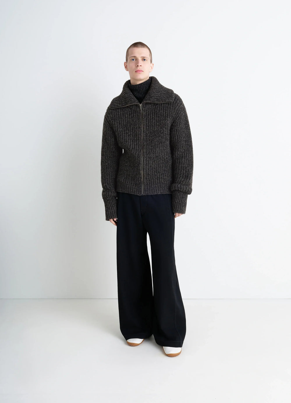 Crafted Zip-Up Cardigan in Heather Alpaca Yak Wool, model shot, front view stand-up collar design