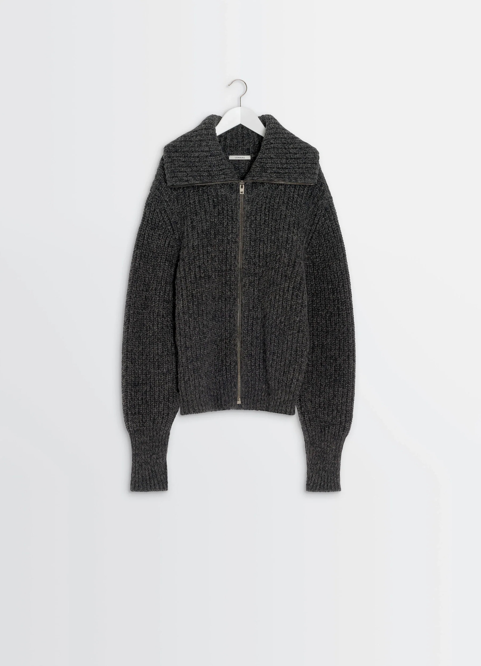 Crafted zip-up cardigan in heather alpaca yak wool, product shot, hanger front view oversized sleeves