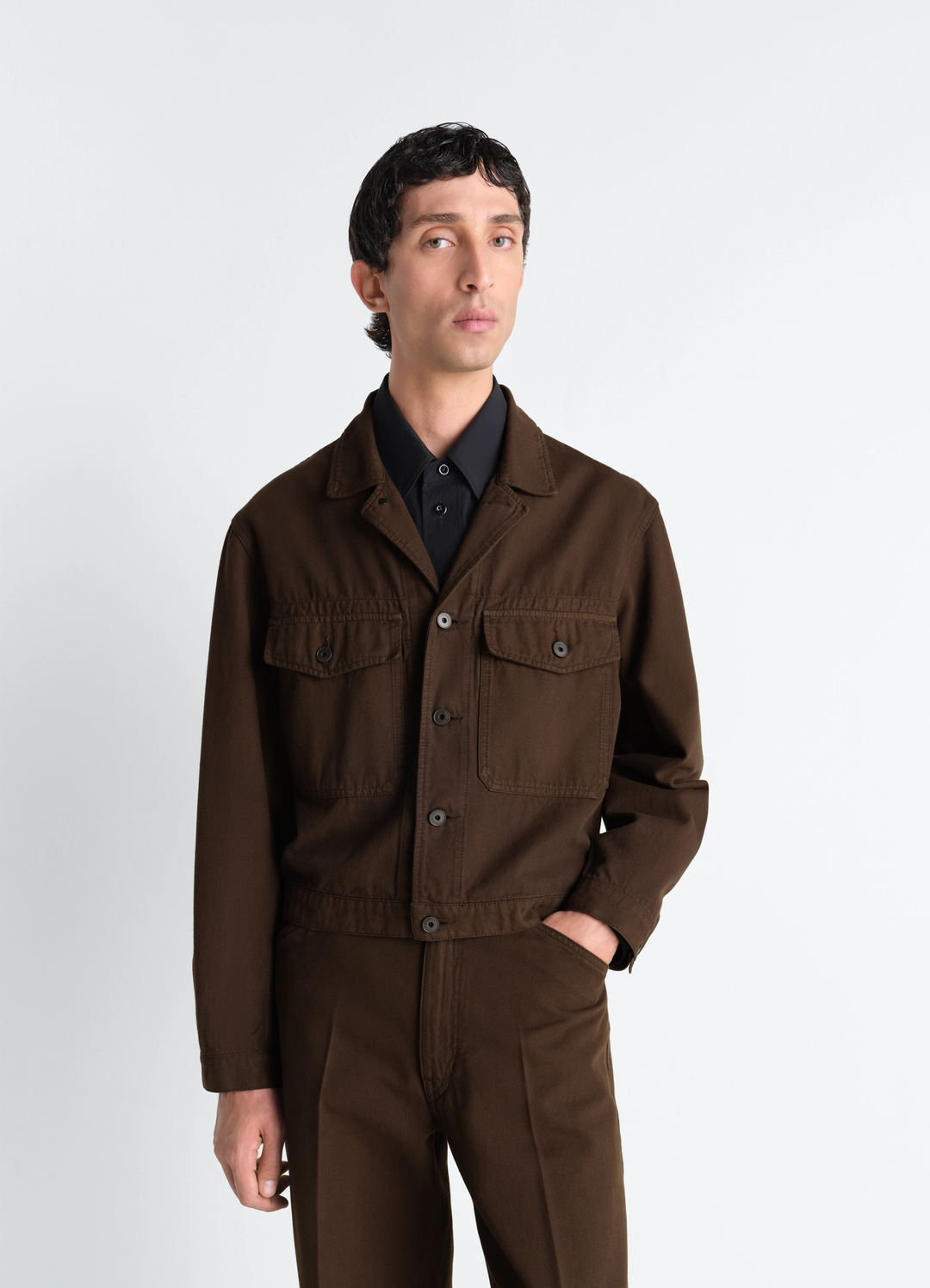 Trucker Jacket in Dyed Broken Twill in Dyed Broken Twill, model shot, front view fitted cut, long sleeves