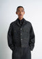 Lemaire Trucker Jacket in Slate Denim, model shot, Front view Boxy fit with pockets