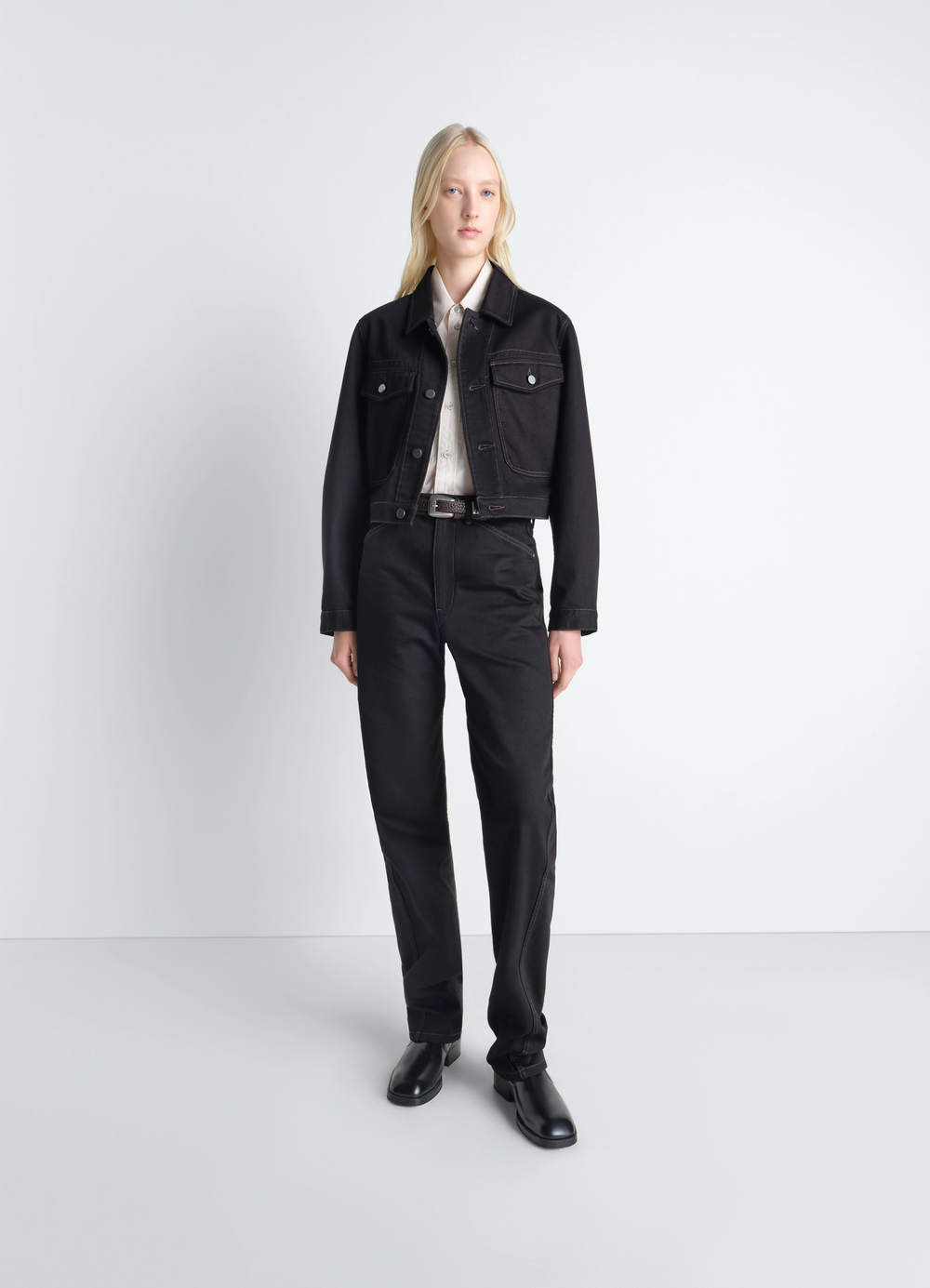 Lemaire Cropped Blouson in Deep Black Denim, model shot, side view cropped length