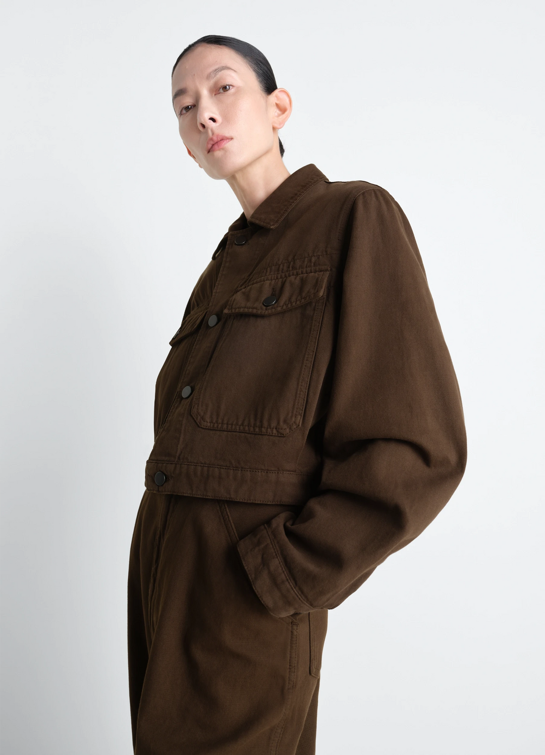 Cropped Blouson in Dyed Heavy Broken Twill, model shot, Side view Cropped fit