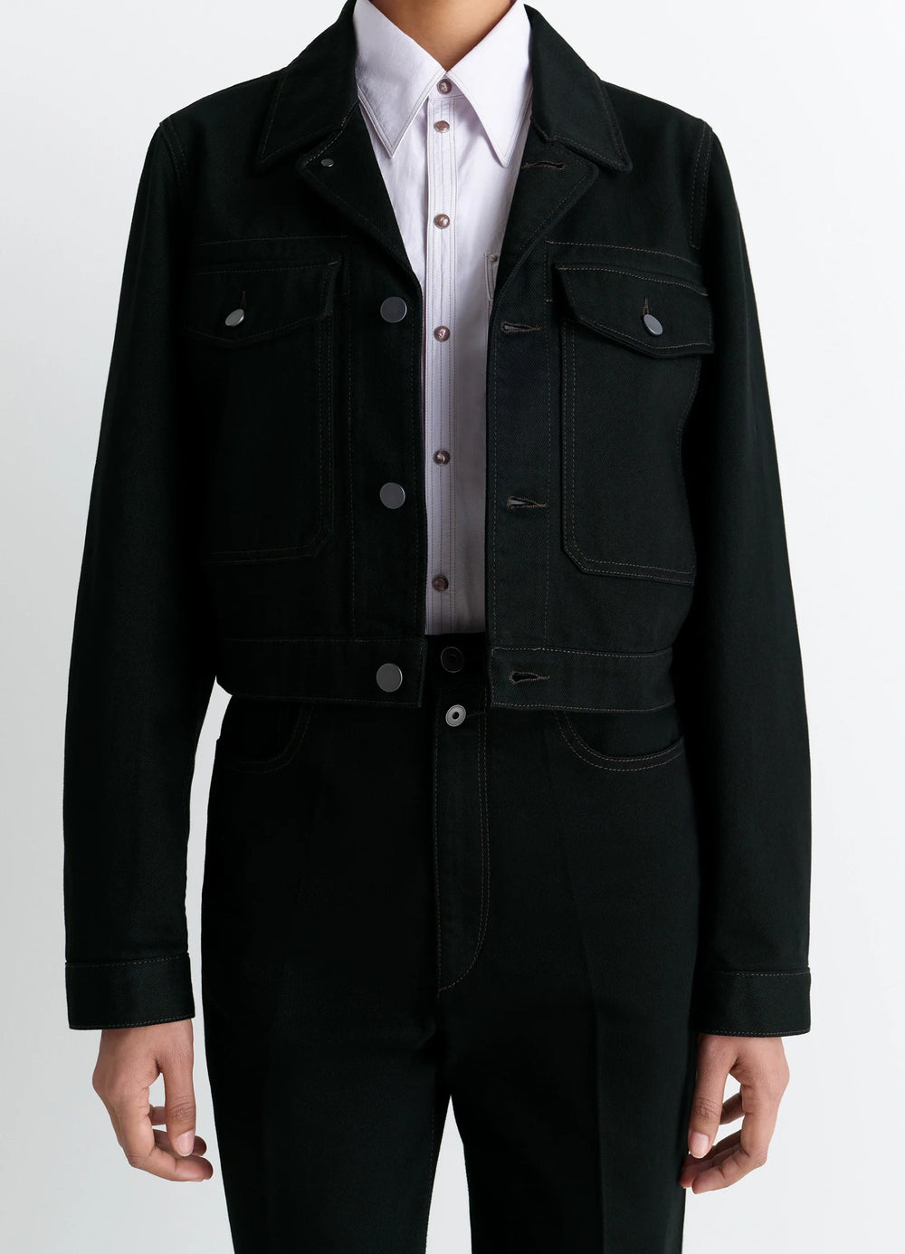 Lemaire Cropped Blouson in Deep Black Thick Denim, model shot, Front view Cropped, button-up design