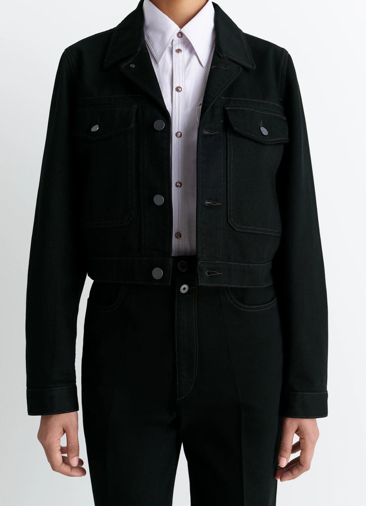 Lemaire Cropped Blouson in Deep Black Thick Denim, model shot, Front view Cropped, button-up design