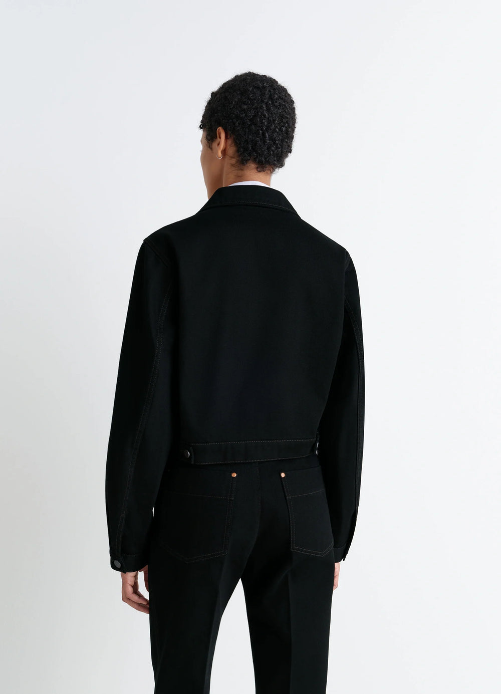 Lemaire Cropped Blouson in Deep Black Thick Denim, model shot, back view adjustable waistband