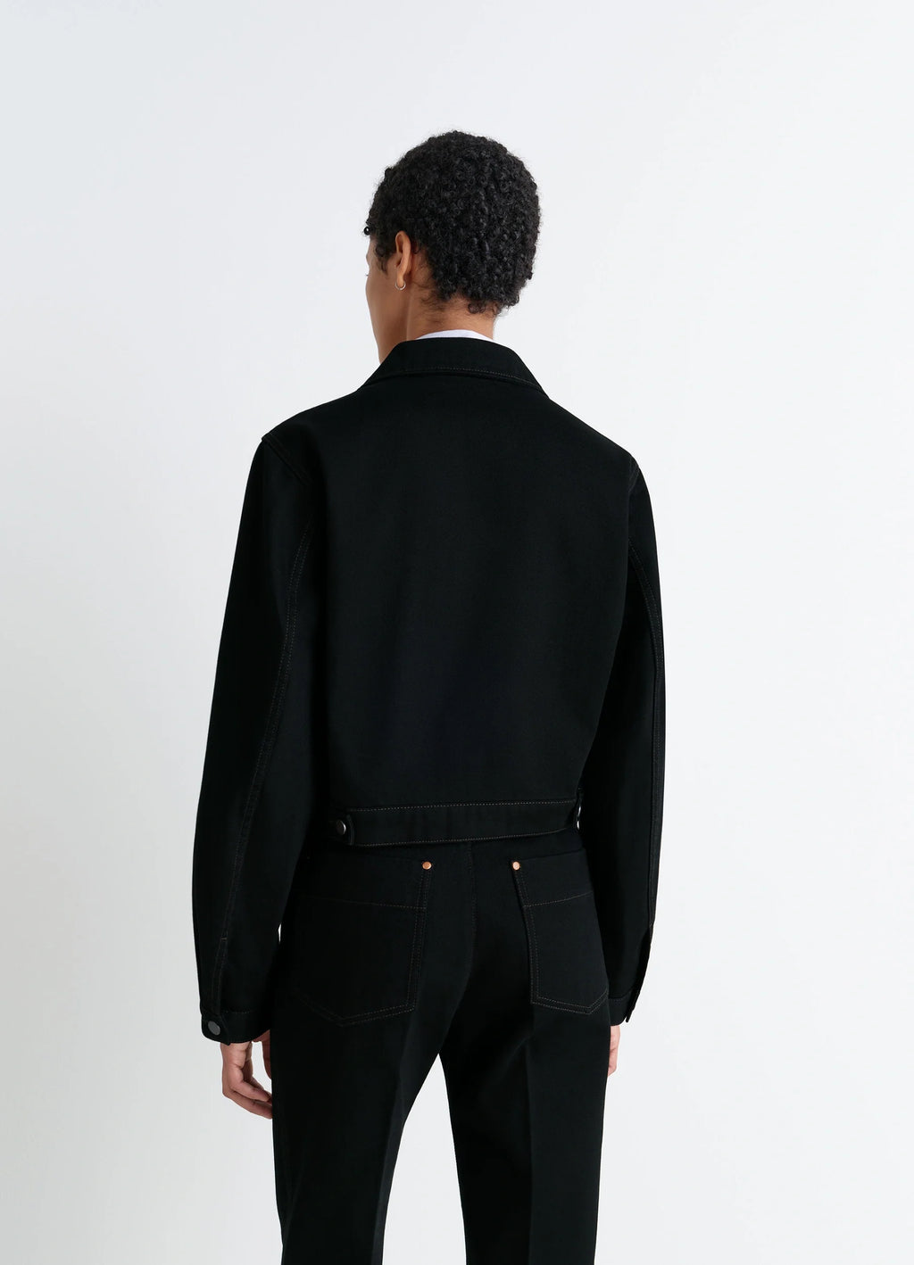 Lemaire Cropped Blouson in Deep Black Thick Denim, model shot, back view adjustable waistband