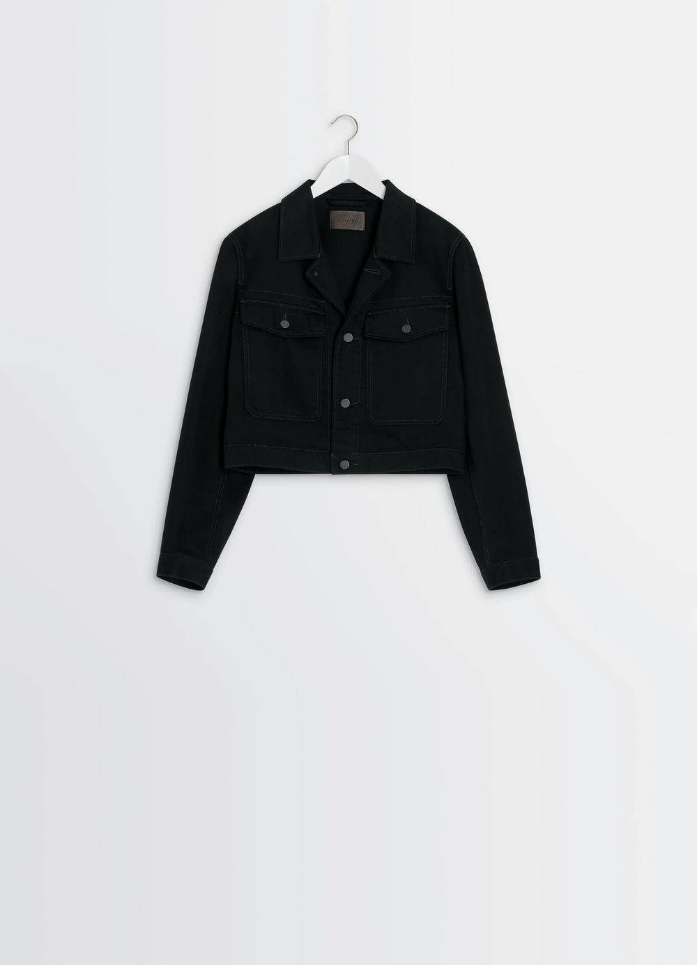 Lemaire Cropped Blouson in Deep Black Thick Denim, product shot, hanger view pointed collar, flap pockets