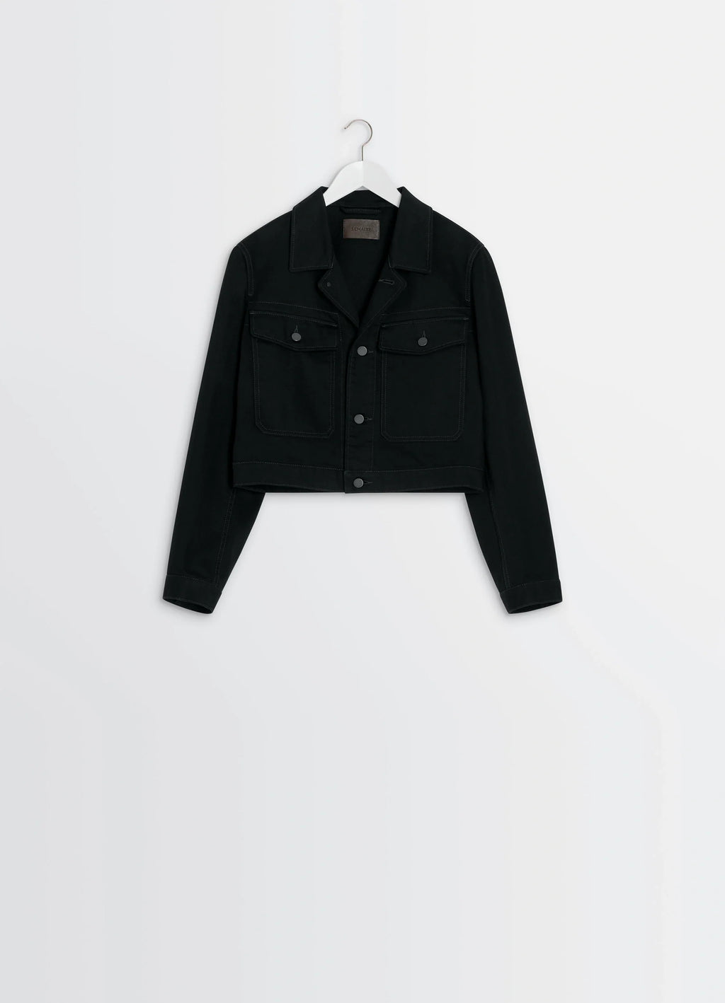 Lemaire Cropped Blouson in Deep Black Thick Denim, product shot, hanger view pointed collar, flap pockets