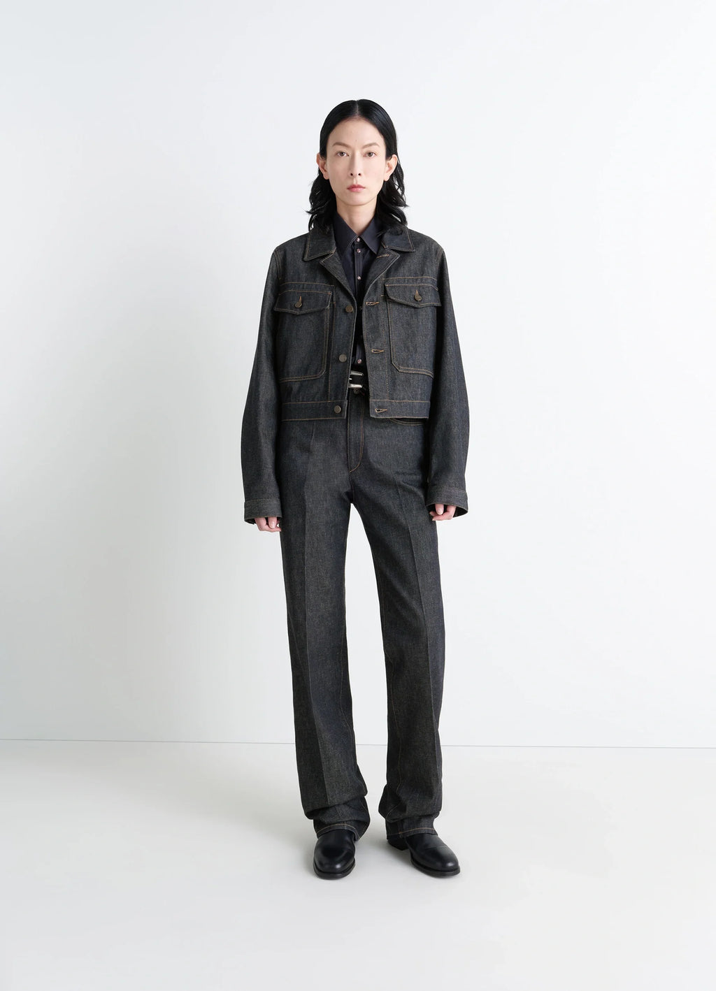 Lemaire Cropped Blouson in Yarn-Dyed Slate Denim, model shot, front full view buttoned placket