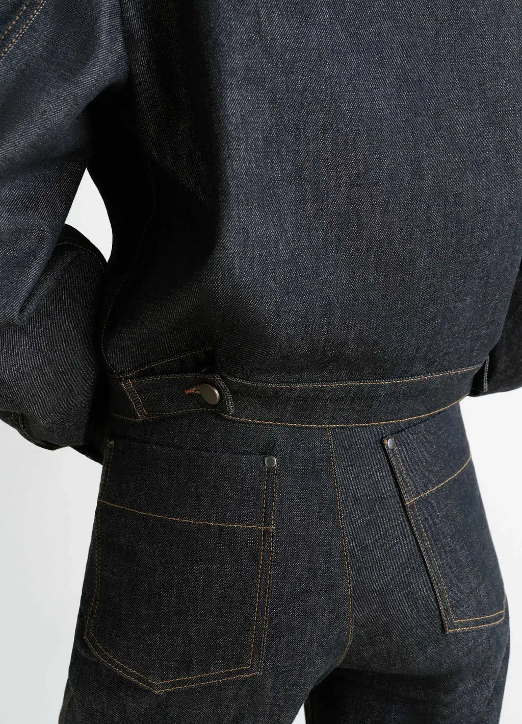Lemaire Cropped Blouson in Yarn-Dyed Slate Denim, model shot, back close-up view belted waist, patch pockets