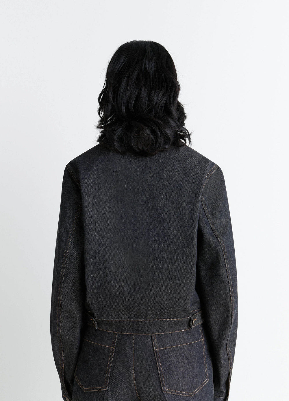 Lemaire Cropped Blouson in Yarn-Dyed Slate Denim, model shot, back full view adjustable back tab