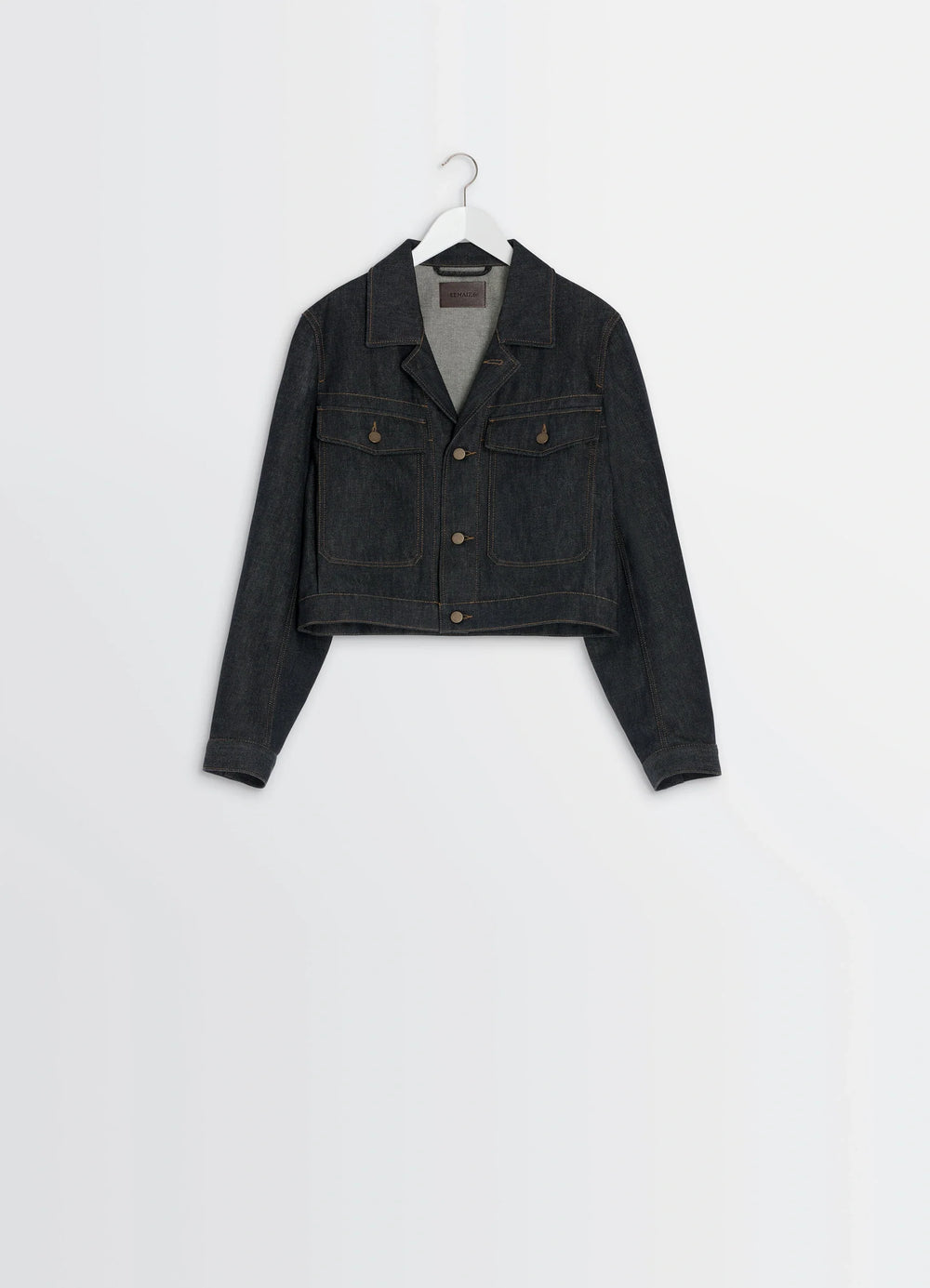 Lemaire Cropped Blouson in Yarn-Dyed Slate Denim, product shot, front hanging view structured collar, cuffed sleeves