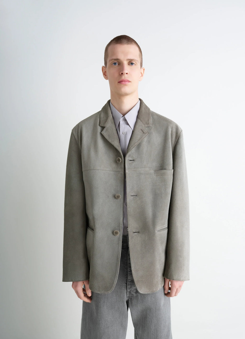 Suede Single Breasted Jacket in Brushed Suede Cow Leather, model shot, Front View Fitted Cut