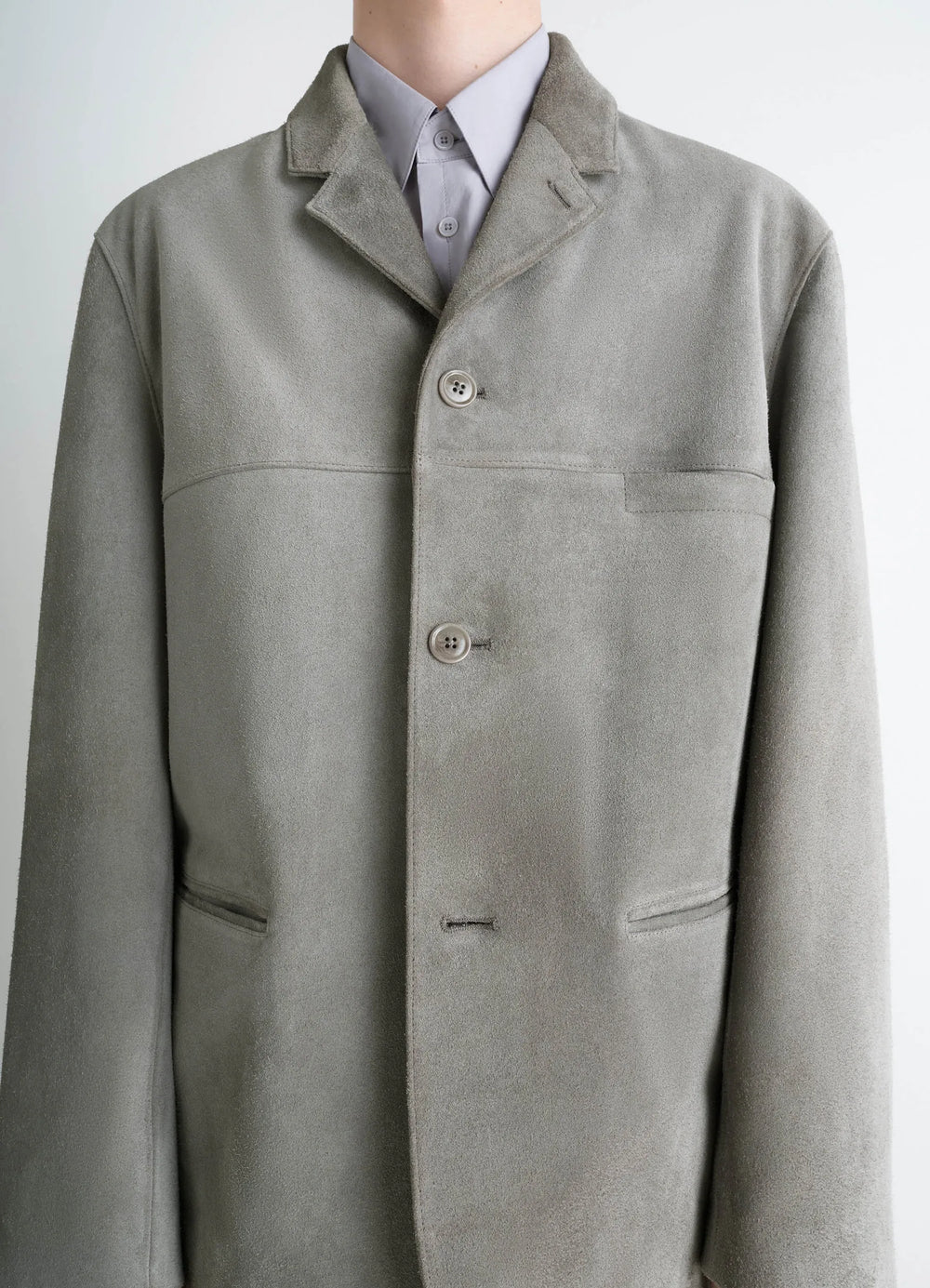 Suede Single Breasted Jacket in Brushed Suede Cow Leather, model shot, close-up detail classic collar design