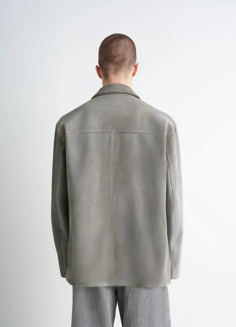 Suede Single Breasted Jacket in Brushed Suede Cow Leather, model shot, back view straight back seam